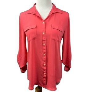 LOFT Coral Pink Button Down‎ Utility Blouse Roll Tab Long Sleeve Small